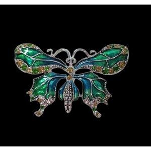 Monet Butterfly Brooch Green Blue Enamel Rhinestone Silver Tone Signed